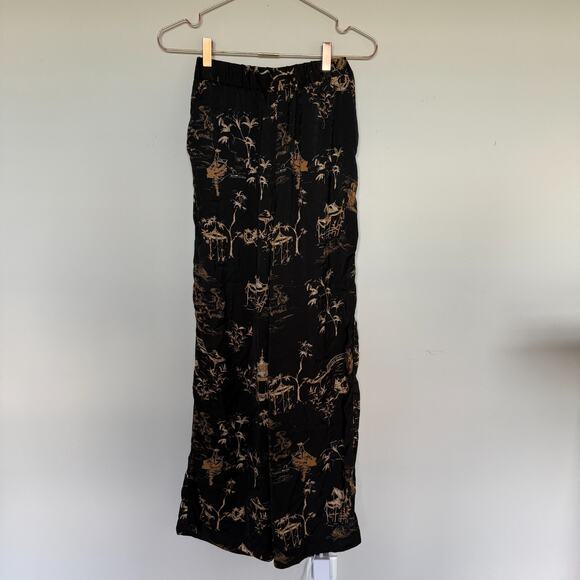 MNG Pants Womens XS Black Gold Asian Print Trouser Boho Silky High Waist Lounge - Picture 2 of 8